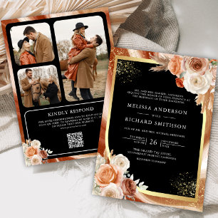 Terracotta Floral Black Gold Photo QR Code Wedding Invitation