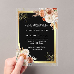 Terracotta Floral Black Gold Wedding Acrylic Invitations