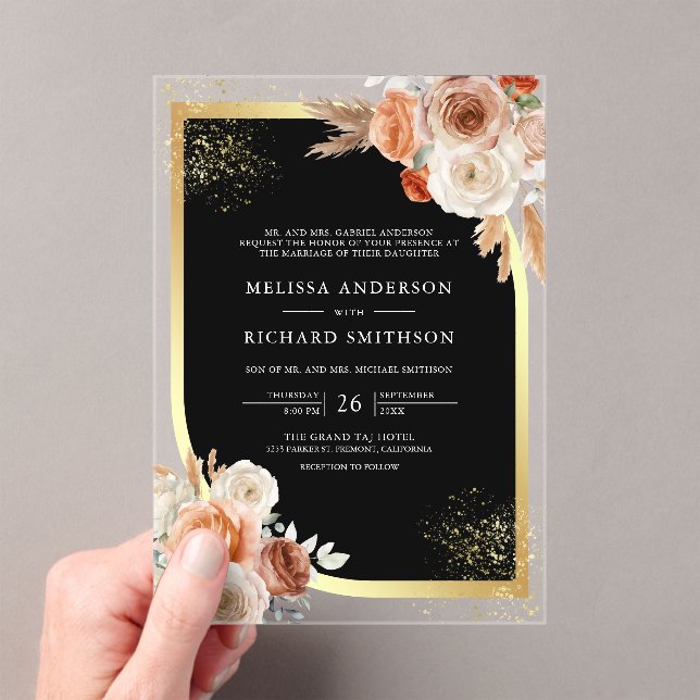 Terracotta Floral Black Gold Wedding Acrylic Invitations (Insitu (Handheld))