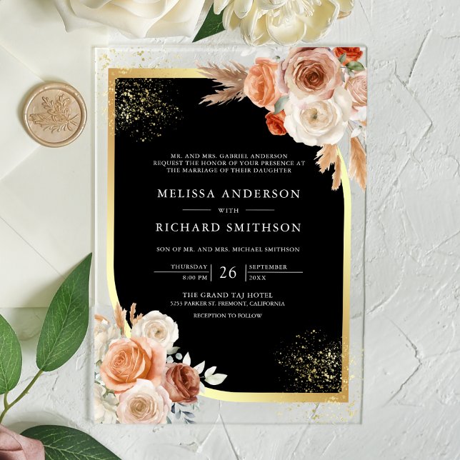 Terracotta Floral Black Gold Wedding Acrylic Invitations (Creator Uploaded)