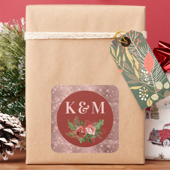 Terracotta Floral Blush Pink Christmas Monogram Square Sticker (Creator Uploaded)