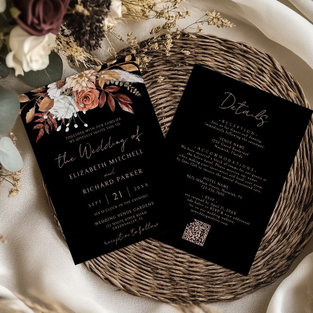 Terracotta Floral Boho Black All In One Wedding Invitation (Creator Uploaded)