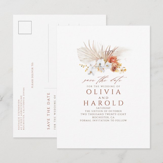 Terracotta Floral Boho Exotic Save The Date Announcement Postcard (Front/Back)