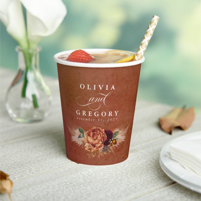 Terracotta Floral Boho Modern Fall Wedding Paper Cups (Insitu)