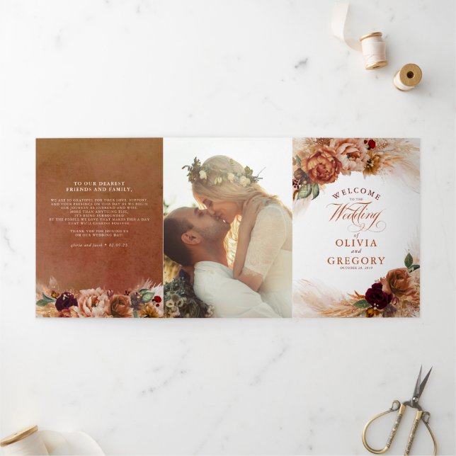 Terracotta Floral Boho Modern Fall Wedding Tri-Fold Programme (Outside)