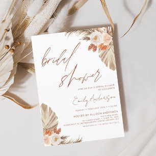 Terracotta Floral Boho Pampas Grass Bridal Shower Invitation