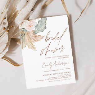 Terracotta Floral Boho Pampas Grass Bridal Shower  Invitation