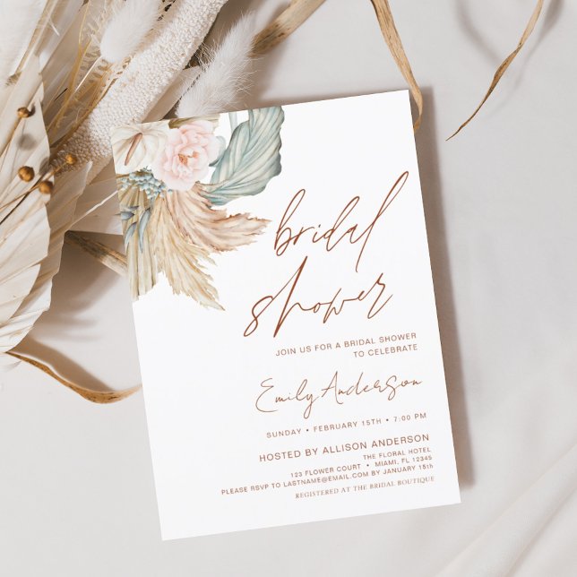 Terracotta Floral Boho Pampas Grass Bridal Shower  Invitation (Creator Uploaded)
