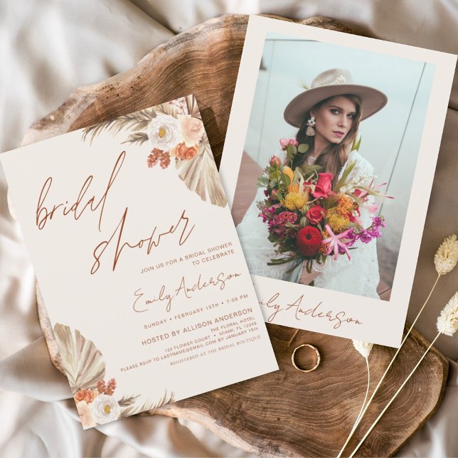 Terracotta Floral Boho Pampas Grass Bridal Shower Invitation (Creator Uploaded)