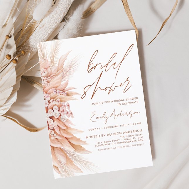 Terracotta Floral Boho Pampas Grass Bridal Shower Invitation (Creator Uploaded)