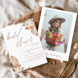 Terracotta Floral Boho Pampas Grass Bridal Shower Invitation