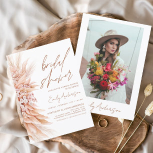 Terracotta Floral Boho Pampas Grass Bridal Shower Invitation