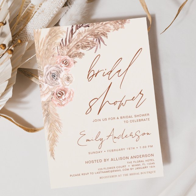 Terracotta Floral Boho Pampas Grass Bridal Shower Invitation (Creator Uploaded)