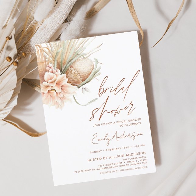 Terracotta Floral Boho Pampas Grass Bridal Shower  Invitation (Creator Uploaded)