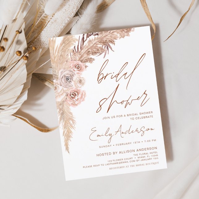 Terracotta Floral Boho Pampas Grass Bridal Shower Invitation (Creator Uploaded)