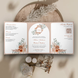 Terracotta Floral Boho Pampas QR Code Wedding Tri-Fold Invitation