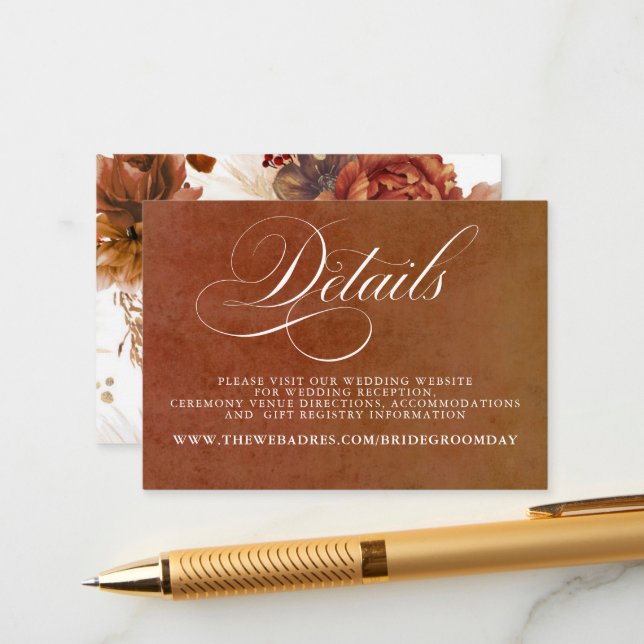 Terracotta Floral Boho Wedding Details Enclosure Card (Front/Back In Situ)