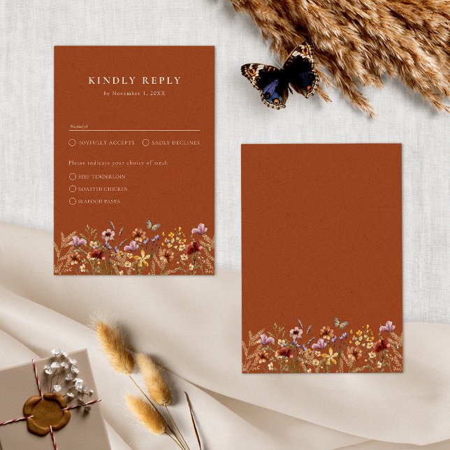 Terracotta Floral Boho With Meals RSVP Card (Terracotta Floral Boho Meals RSVP Card with Butterfly by Painted Paperie
)