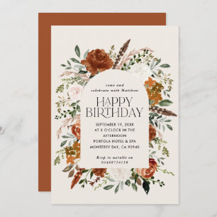 Terracotta floral botanical birthday modern rustic invitation