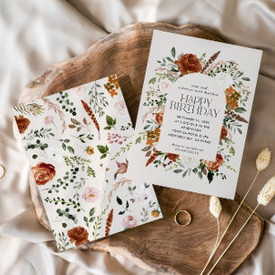 Terracotta floral botanical birthday modern rustic invitation