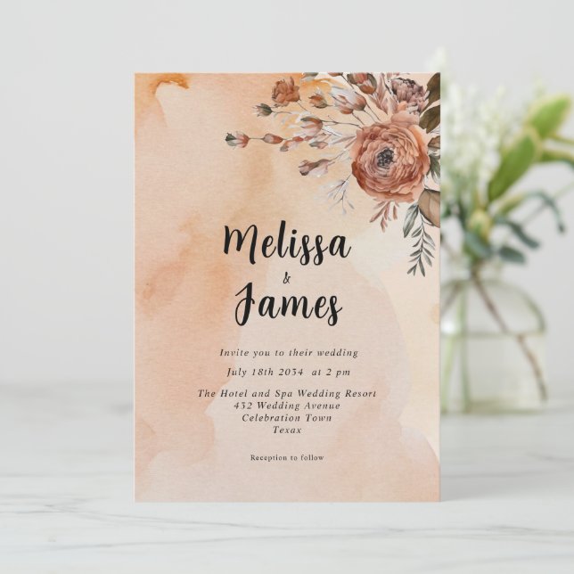 Terracotta Floral Botanical Watercolor Fall  Invitation (Standing Front)