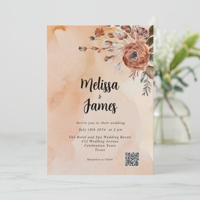 Terracotta Floral Botanical Watercolor QR Code Invitation (Standing Front)