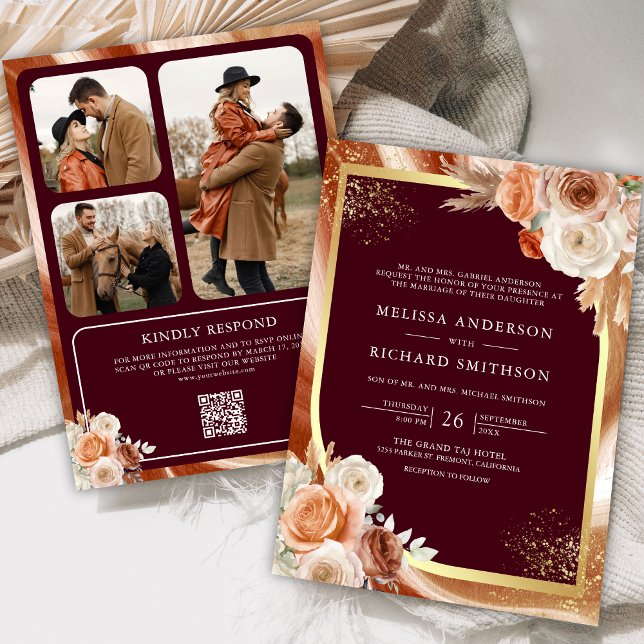 Terracotta Floral Burgundy Photo QR Code Wedding Invitation (Creator Uploaded)