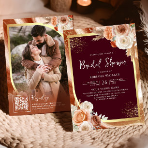 Terracotta Floral Burgundy QR Code Bridal Shower Invitation