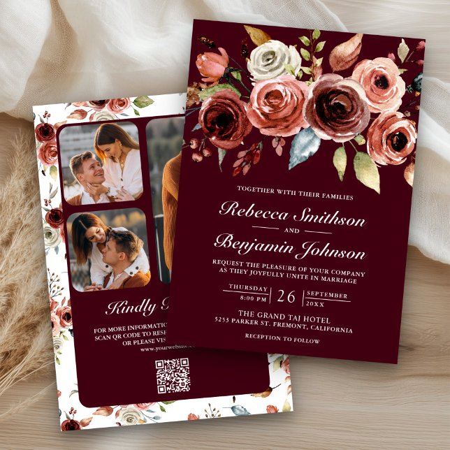 Terracotta Floral Burgundy QR Code Wedding Invitation (Creator Uploaded)
