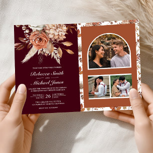 Terracotta Floral Burgundy QR Code Wedding Invitation