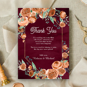 Terracotta Floral Burgundy Wedding Thank You Card