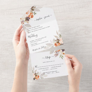 Terracotta Floral Burnt Orange Boho Fall Wedding All In One Invitation