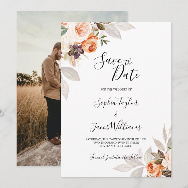 Terracotta Floral Burnt Orange Boho Fall Wedding Save The Date (Front/Back)