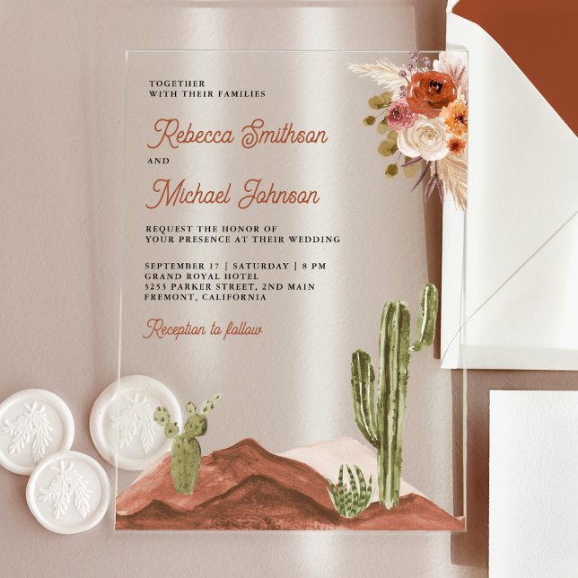 Terracotta Floral Cactus Wedding Acrylic Invitations (Creator Uploaded)
