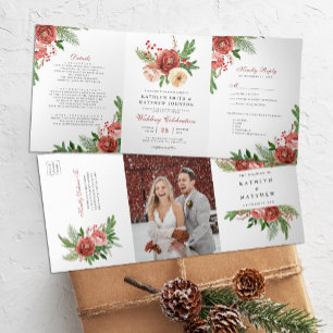 Terracotta Floral Christmas Foliage Winter Wedding Tri-Fold Invitation