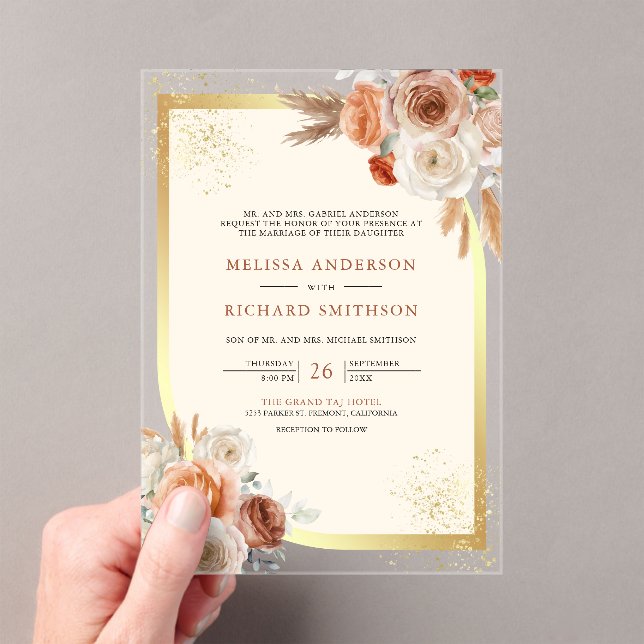Terracotta Floral Cream Gold Wedding Acrylic Invitations (Insitu (Handheld))
