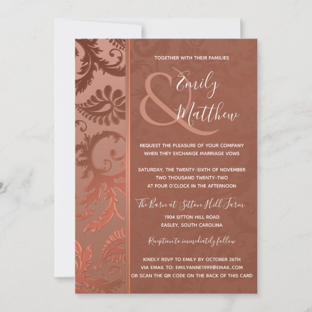 Terracotta Floral Damask Wedding Invitation (Front)