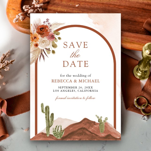 Terracotta Floral Desert Cactus Photo Wedding Save The Date (Creator Uploaded)