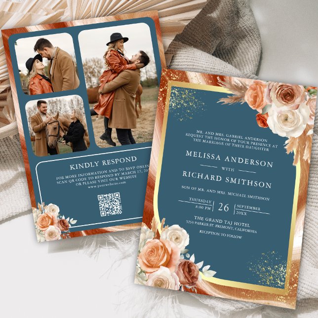 Terracotta Floral Dusty Blue Photo QR Code Wedding Invitation (Creator Uploaded)