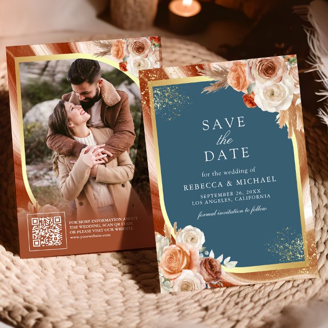 Terracotta Floral Dusty Blue QR Code Photo Wedding Save The Date (Creator Uploaded)