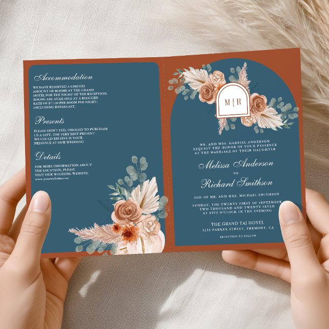 Terracotta Floral Dusty Blue QR Code Wedding Invitation (Creator Uploaded)
