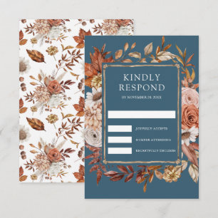 Terracotta Floral Dusty Blue Wedding RSVP Card