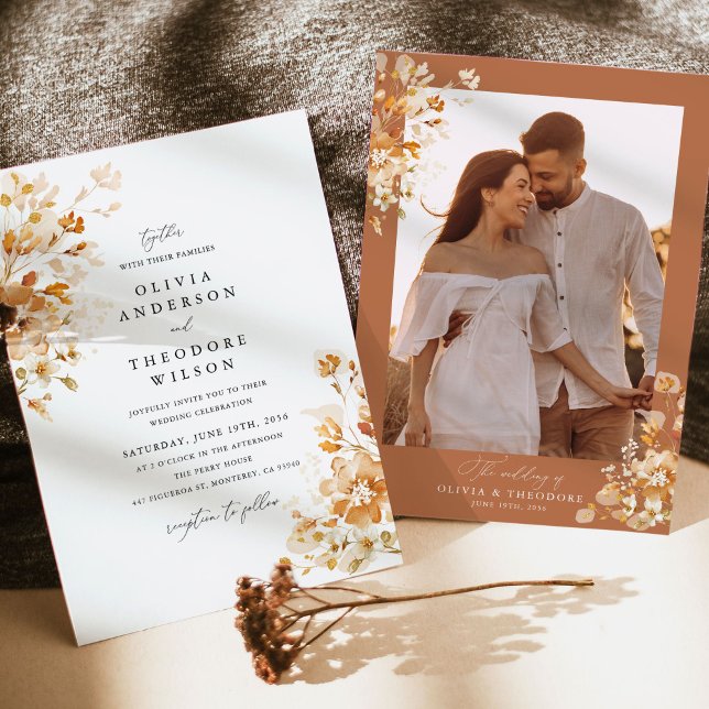 Terracotta Floral Elegant Photo Back Wedding Invitation (Terracotta elegant floral wedding invitation photo back with framed couple portrait and gold accents)