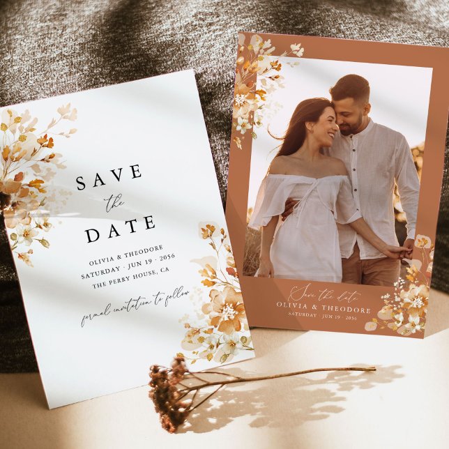 Terracotta Floral Elegant Photo Back Wedding Save The Date (Terracotta photo save the date card with burnt orange floral frame, elegant boho wedding)