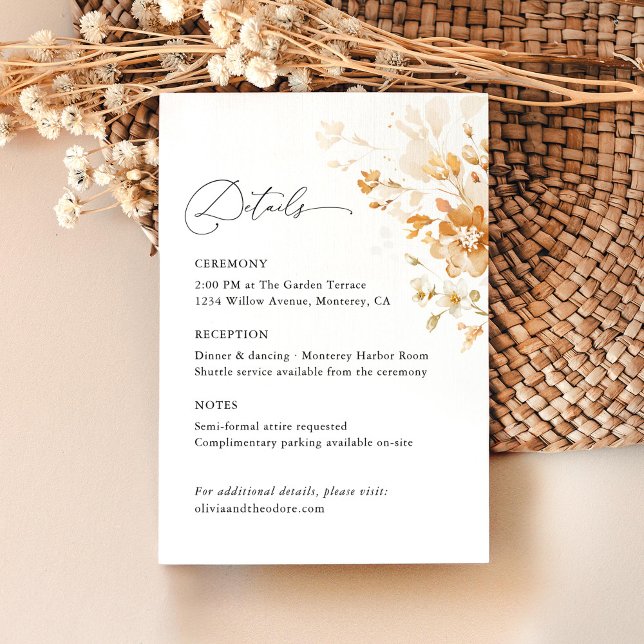 Terracotta Floral Elegant Wedding Details Ceremony Enclosure Card (Terracotta floral wedding details card with elegant information layout, burnt orange watercolor)