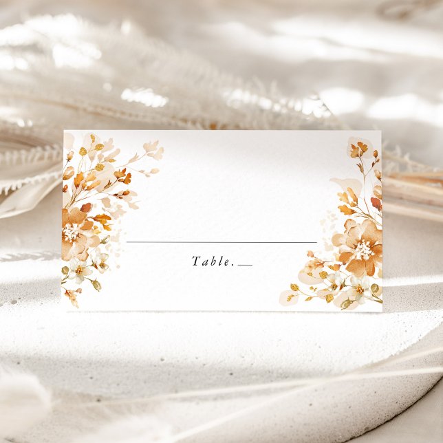 Terracotta Floral Elegant Wedding Place Card (Terracotta floral wedding place card with elegant calligraphy, burnt orange table name card)