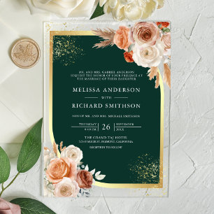 Terracotta Floral Emerald Green Gold Wedding Acrylic Invitations