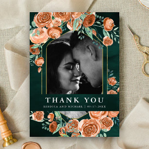 Terracotta Floral Emerald Photo Collage Wedding Thank You Card