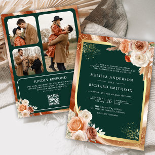 Terracotta Floral Emerald Photo QR Code Wedding Invitation