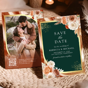 Terracotta Floral Emerald QR Code Photo Wedding Save The Date